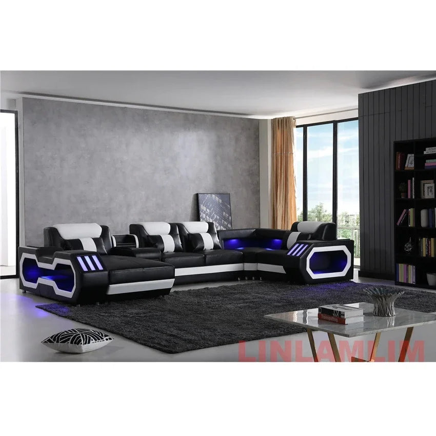 Modern LED Lighted Sofa Set with Recliner, Adjustable Headrest & Console | Luxury Leather Sectional Couch | Futuristic Furniture