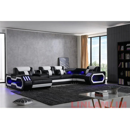 Modern LED Lighted Sofa Set with Recliner, Adjustable Headrest & Console | Luxury Leather Sectional Couch | Futuristic Furniture