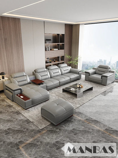 MANBAS Italian Genuine Leather Sectional Sofa with USB Charging, Bluetooth Speaker and Projector - Perfect for Your Living Room