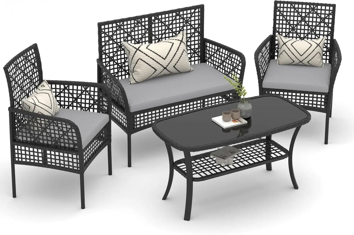 4 Pieces Outdoor Patio Furniture Set, PE Rattan Chairs Wicker Furniture with Coffee Glass Table and Soft Cushions, Outdoor