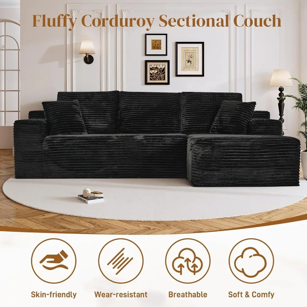 Boneless Sectional Couches for Living Room, Comfy Corduroy Floor Cloud Sofa with Chaise, Deep Seat,Memory Foam,Customized