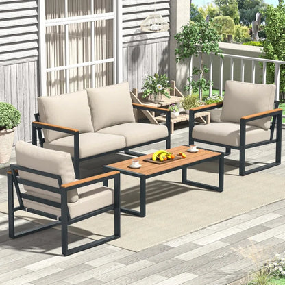 Patio Furniture Set, 4 Pieces Outdoor Patio Furniture with Coffee Table Set, Metal Patio Conversation Sets with Washable and Hig