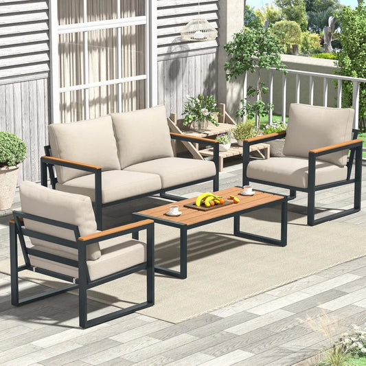 Patio Furniture Set, 4 Pieces Outdoor Patio Furniture with Coffee Table Set, Metal Patio Conversation Sets with Washable and Hig