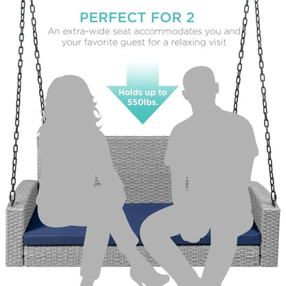 Woven Wicker Outdoor Porch Swing, Hanging Patio Bench for Deck, Garden with Mounting Chains, Seat Cushion - Gr