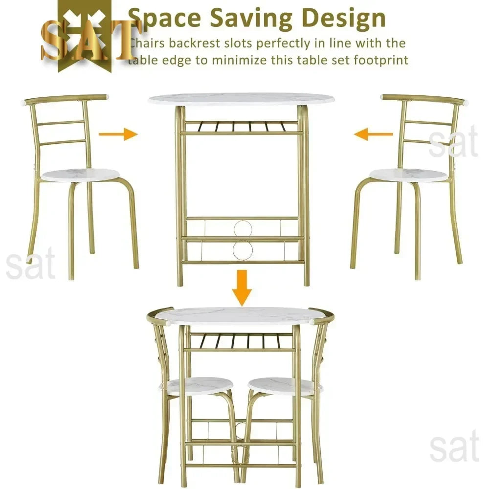 v 3 Piece Small Round Dining Table Set for Kitchen Breakfast Nook, Wood Grain Tabletop with Wine Storage Rack, Save Space, 31.