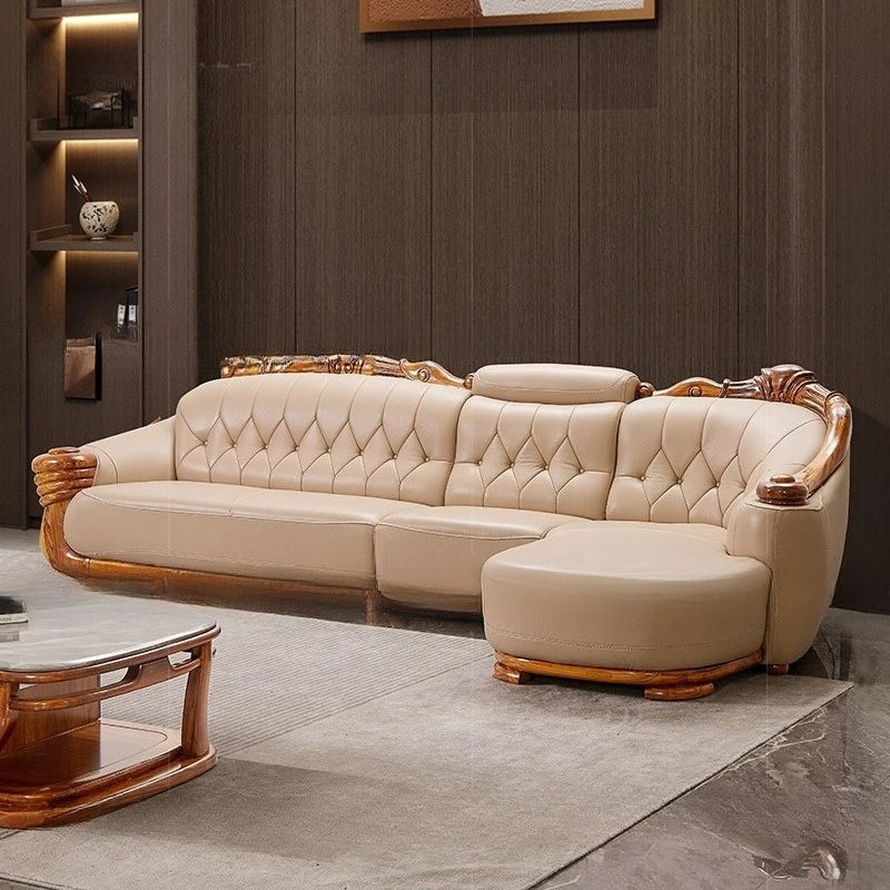 European leather sofa corner combination home high-end luxury living room new Chinese first layer cowhide solid wood