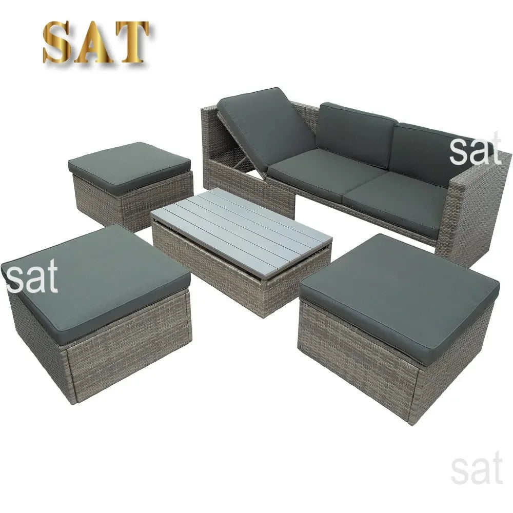 y 5-Piece Patio Furniture Sets with Adustable Backrest, Ottomans and Lift Top Coffee Table, All Weather Waterproof Wicker