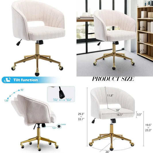 Swivel Velvet Desk Chair Modern Upholstered Accent Armchair with Gold Base Ergonomic for Women Girls Office