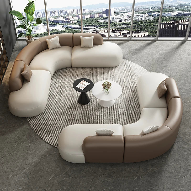 Curved Leather Corner Sofa Set with Solid Wood Frame, Modern Sectional Couches for Living Room, Comfortable Leather Couch Sets