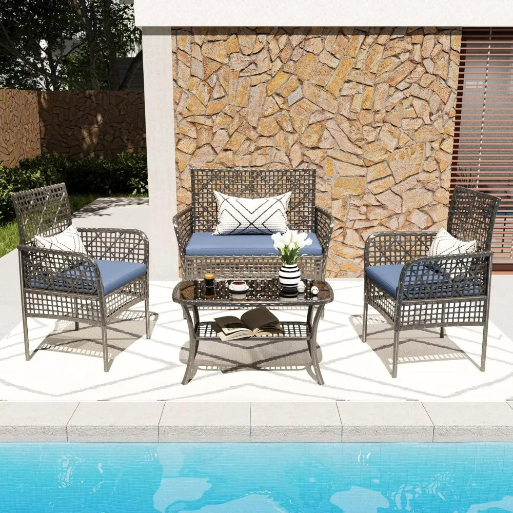 4 Pieces Outdoor Patio Furniture Set,PE Rattan Wicker Garden Conversation Chairs with Tempered Glass Table and Soft Cushions