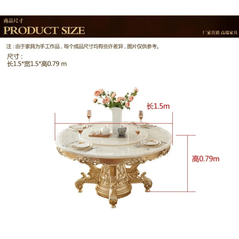 European white ice jade marble gold round dining table and chair combination European luxury solid wood dining table