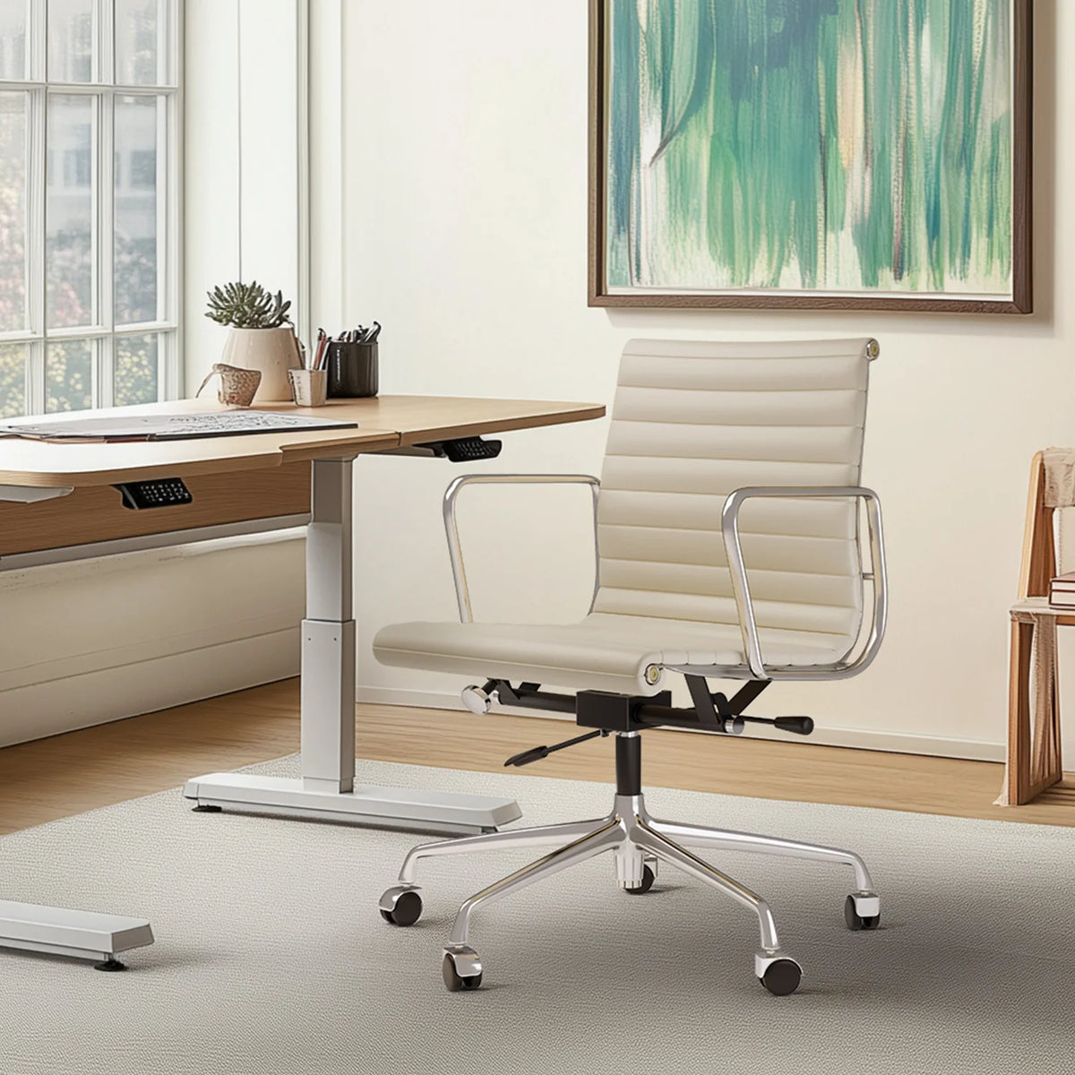 High Back Ribbed Genuine Leather Office Chair Adjustable Ergonomic Computer Chair with Aluminium Alloy Frame  Swivel Chair