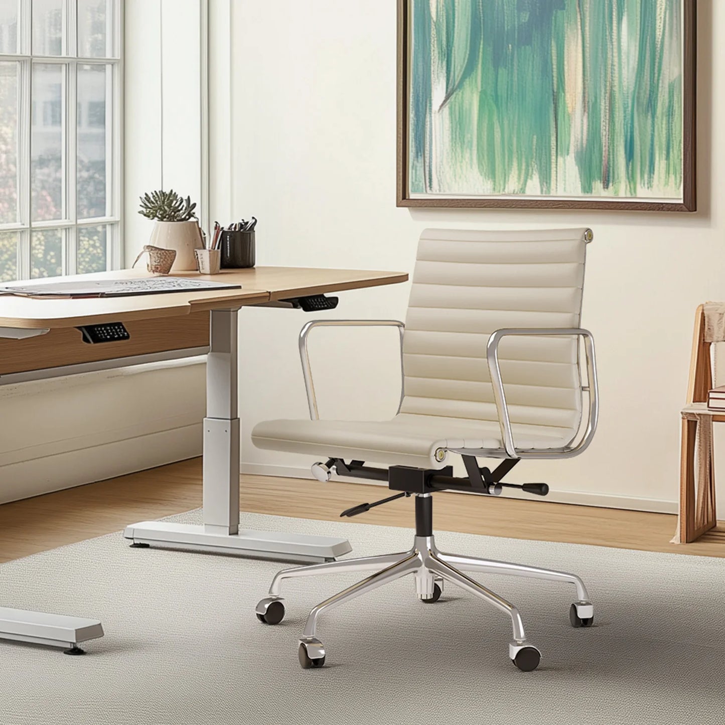 High Back Ribbed Genuine Leather Office Chair Adjustable Ergonomic Computer Chair with Aluminium Alloy Frame  Swivel Chair