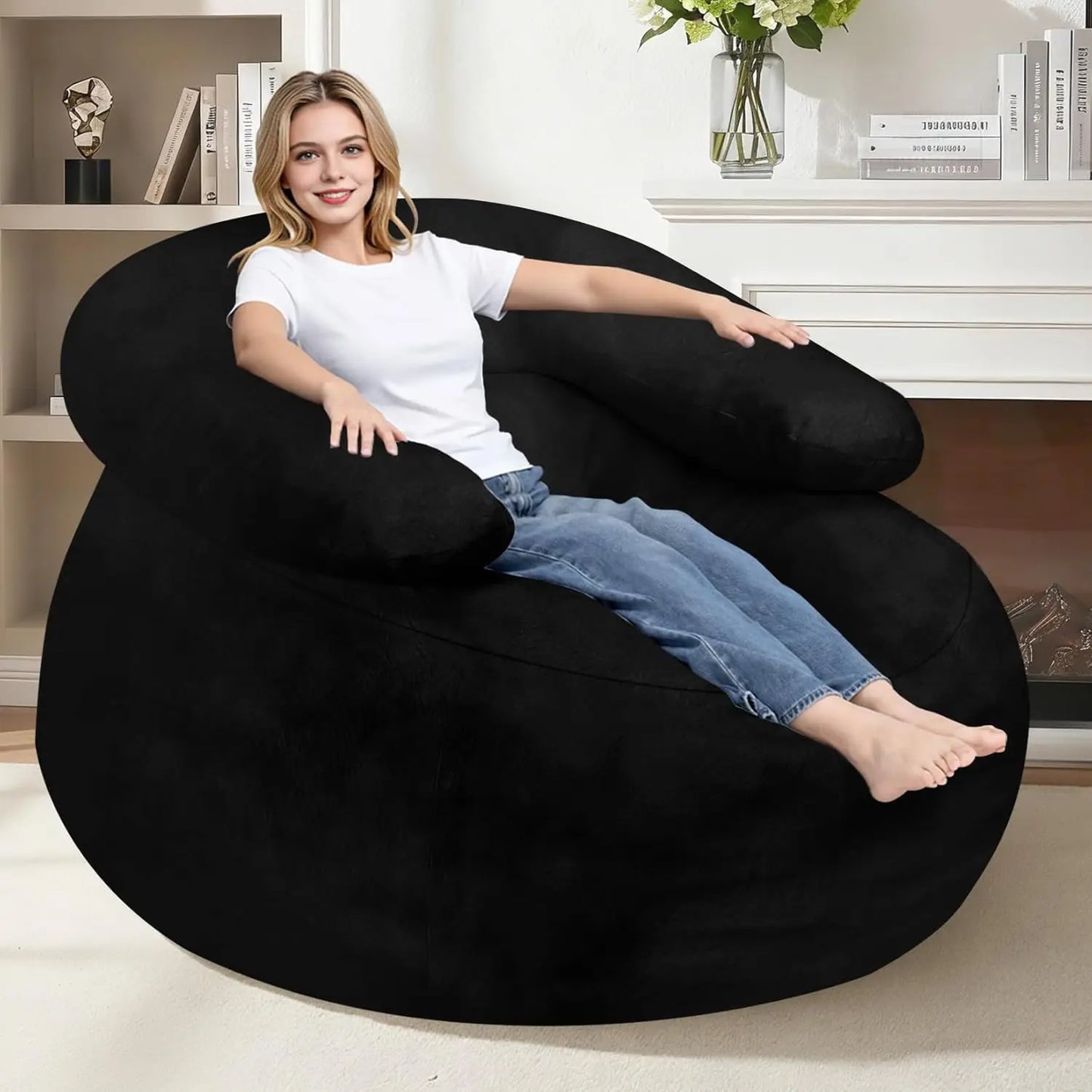 Oversized Bean Bag Sofa with Filler, Ultra Soft Faux Fur Floor Chair for Gaming and Reading, Black