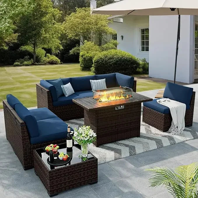 Long-Lasting 8 Pieces Outdoor Patio Furniture Set with 44" Fire Pit Table Rattan Sectional Conversation Sets w