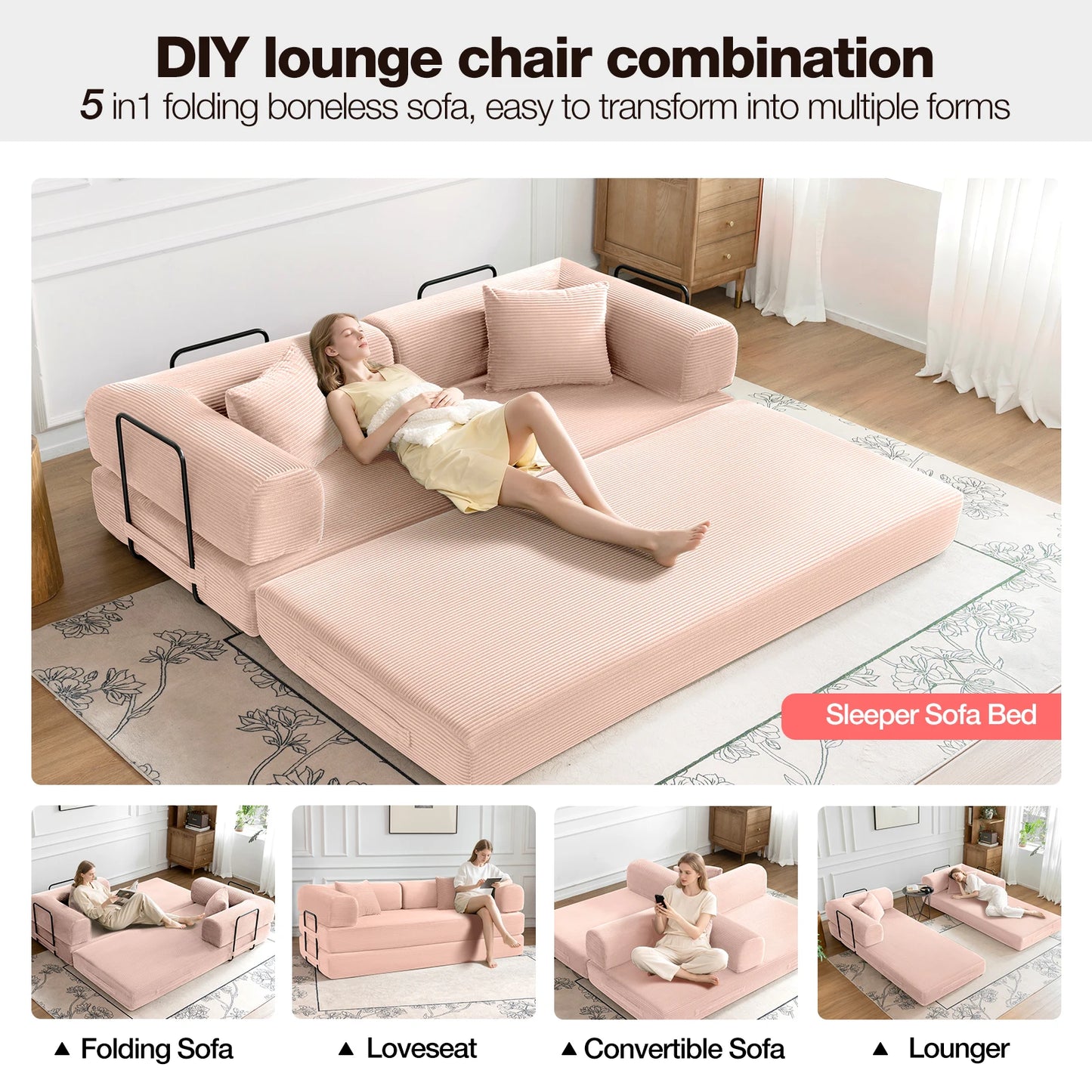 79" Convertible Sofa Bed with Fixed-Shape Frame, Modular Corduroy Sleeper Sofa, Folding Mattress Couch for Small Spaces