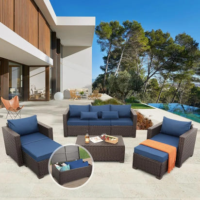 6-Piece Outdoor Patio Furniture Set with Wicker Sofa, Chairs, and Storage Table