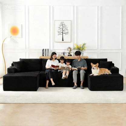 133.5" Black Corduroy Boneless Sectional Couches for Living Room, Oversized Plush U Shaped Cloud Couch Modular Sectional Sofa wi
