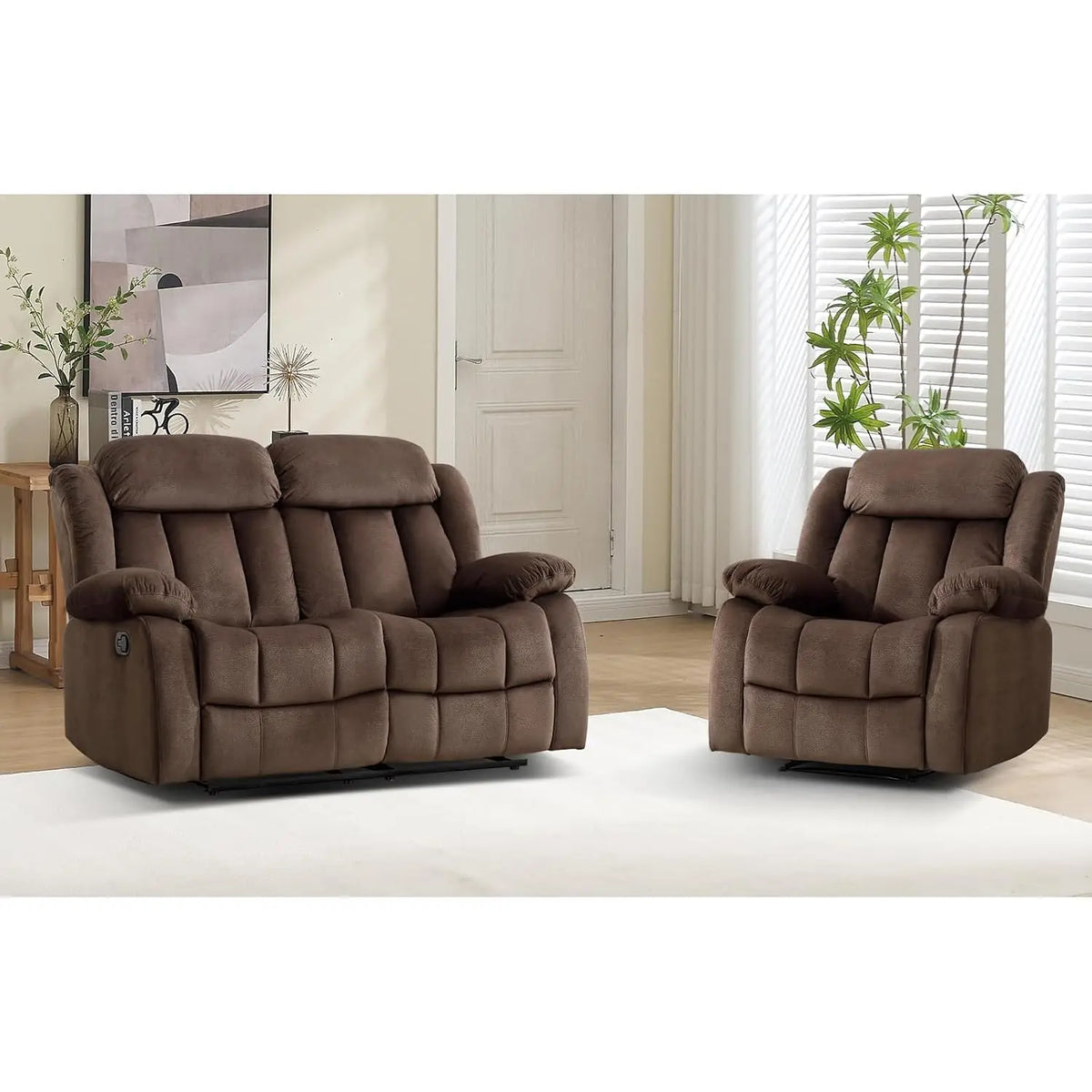 Manual Reclining Sofa Set with Overstuffed Arms & Backrest, Include 1 Recliner Chair & 1 Loveseat, Brown, Customized