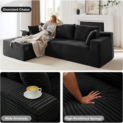 L-Shaped 103 Sectional Sofa with Chaise, Deep Seating, Corduroy Upholstery, Living Room Furniture, Ready to Use, Black