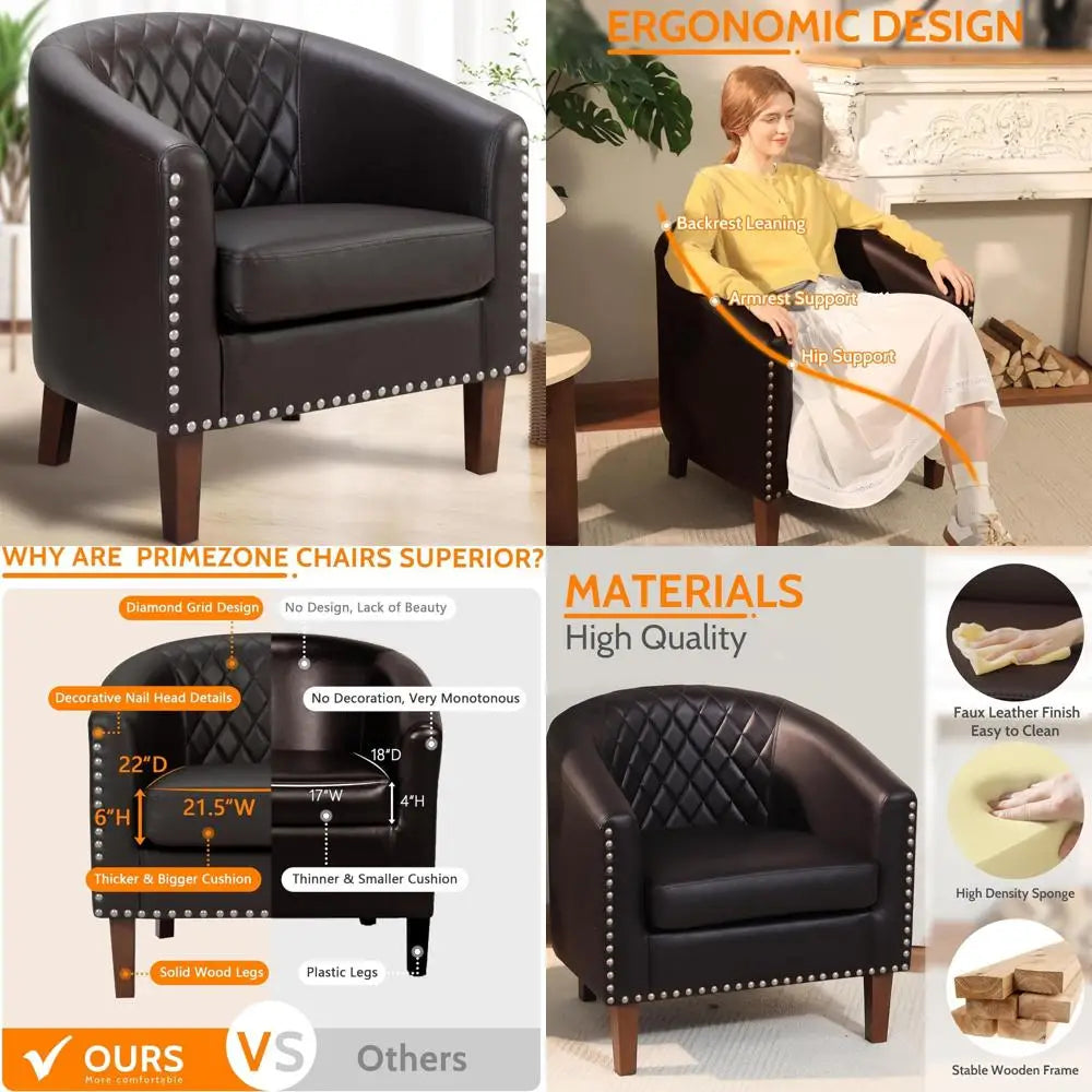 Faux Leather Club Chair with Cushion, Comfortable Accent Living Room Furniture, Diamond Stitching, Nailhead Trim, Stylish Seatin