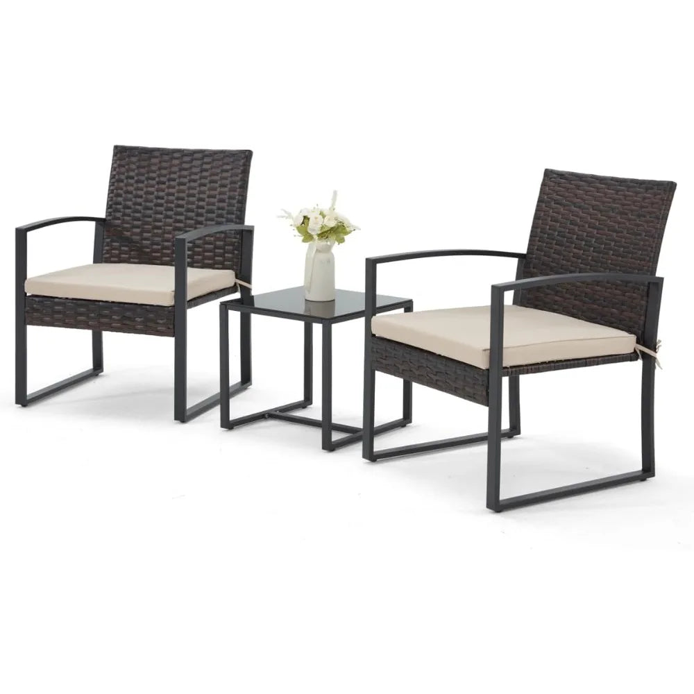 Patio Furniture Set, Outdoor Rattan Bistro Set with Coffee Table, Durable Steel Frame with Strapped Cushions for Garden