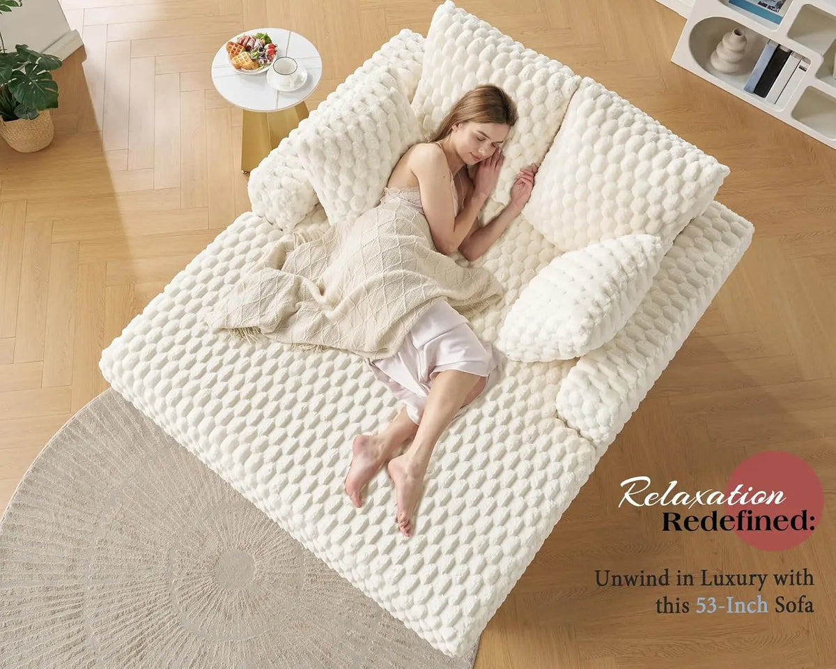 53 Inch Chaise Lounge Indoor, Upholstered Sofa Bed with Throw Pillows and Armrests, Sleeper Bed- Plush Lounge Chair for Living R