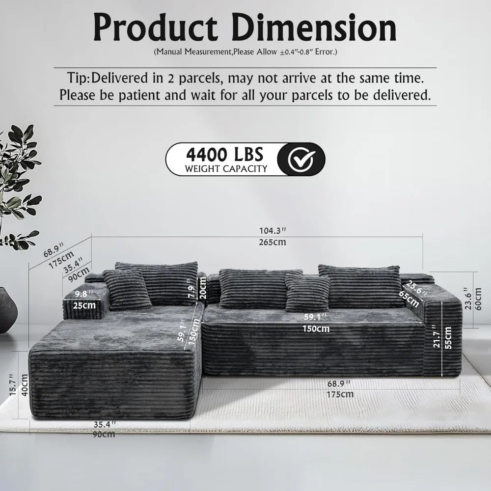 Grey sectional couches for Living Room-Corduroy Couch，104 Cloud Sectional Couch with L-Shape Chaise， Modern Modular Sofa, Deep S