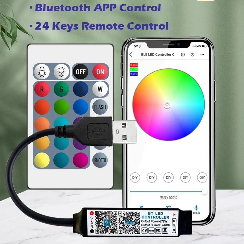RGB LED Strip Controller Bluetooth APP Remote USB 5V-24V RF