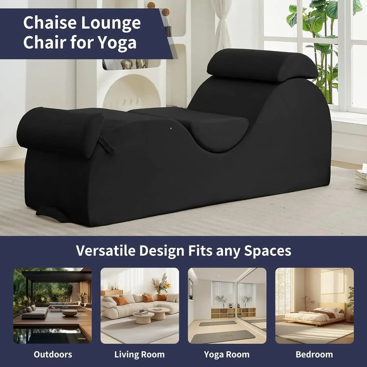 Sleek Chaise Lounge Chair for Exercise/Yoga, Indoor Lounger with Headrest, Waist Cushion, Movable Footrest, Side Pockets, Non-Sl