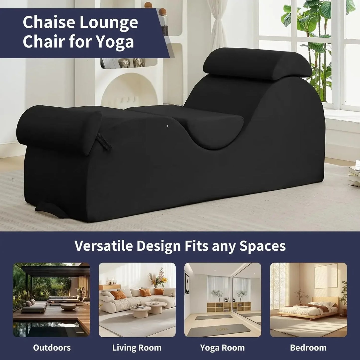 Sleek Chaise Lounge Chair for Exercise/Yoga, Indoor Lounger with Headrest, Waist Cushion, Movable Footrest, Side Pockets, Non-Sl