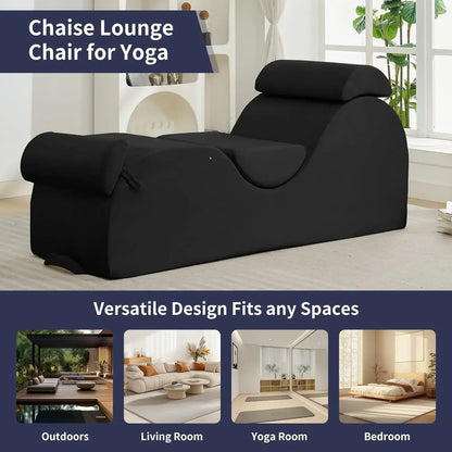 Sleek Chaise Lounge Chair for Exercise/Yoga, Indoor Lounger with Headrest, Waist Cushion, Movable Footrest, Side Pockets, Non-Sl