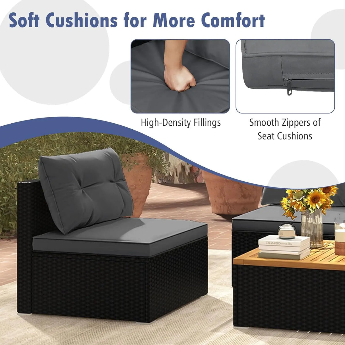 5pc PE Rattan Sectional Set 4 Armless Sofas Acacia Table Cushioned Garden Poolside Backyard Grey Customized