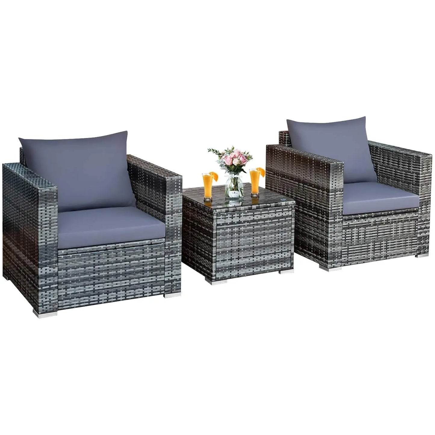 3 Pieces Patio Furniture Set, Outdoor Conversation Rattan Furniture Set w/Washable Cushion and Tempered Glass Tabletop, PE Ratta