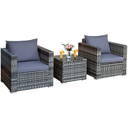3 Pieces Patio Furniture Set, Outdoor Conversation Rattan Furniture Set w/Washable Cushion and Tempered Glass Tabletop, PE Ratta