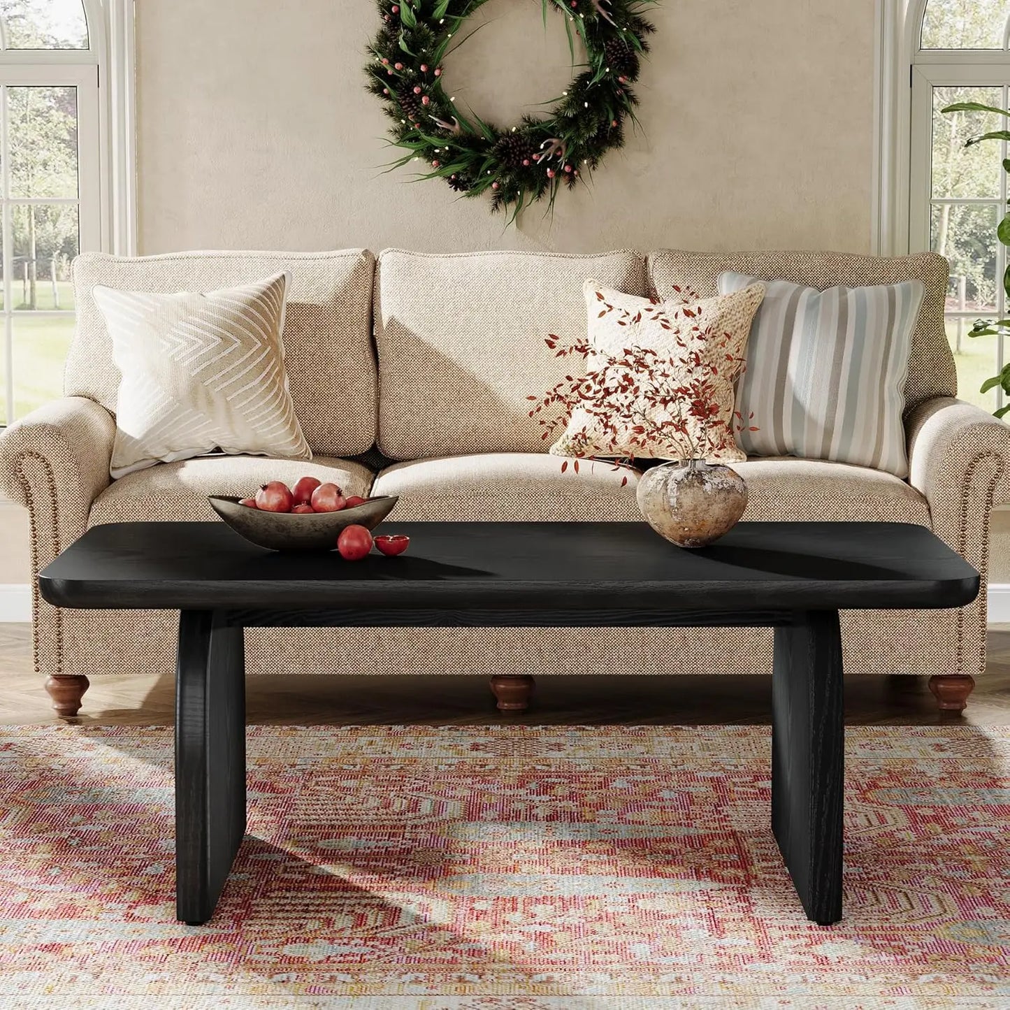 Rectangle Coffee Table,Wood Rectangular Living Room Table, Farmhouse Accent Center Low Cocktail Tea Table with Sturdy Base