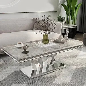 Gold Coffee Table, Modern Coffee Table with Four Geometric Mirror Bases, Rectangular Tea Table with Metal Frame, 48" Modern Cof