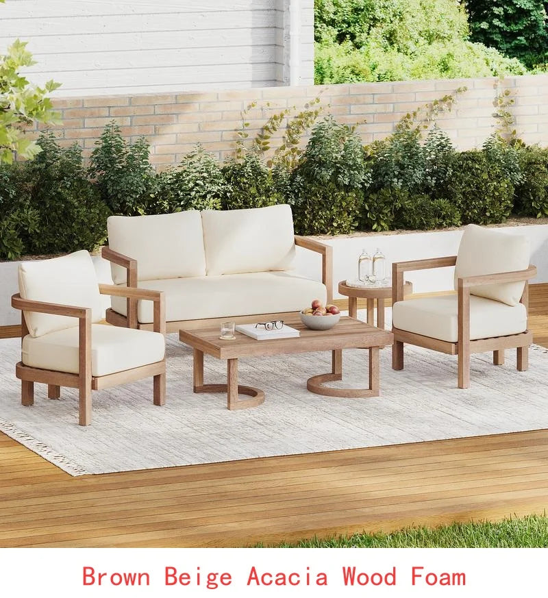 4-Piece Acacia Outdoor Furniture Set, Deep Seating Patio Conversation Set with Coffee Table and Soft Cushions, Ideal for