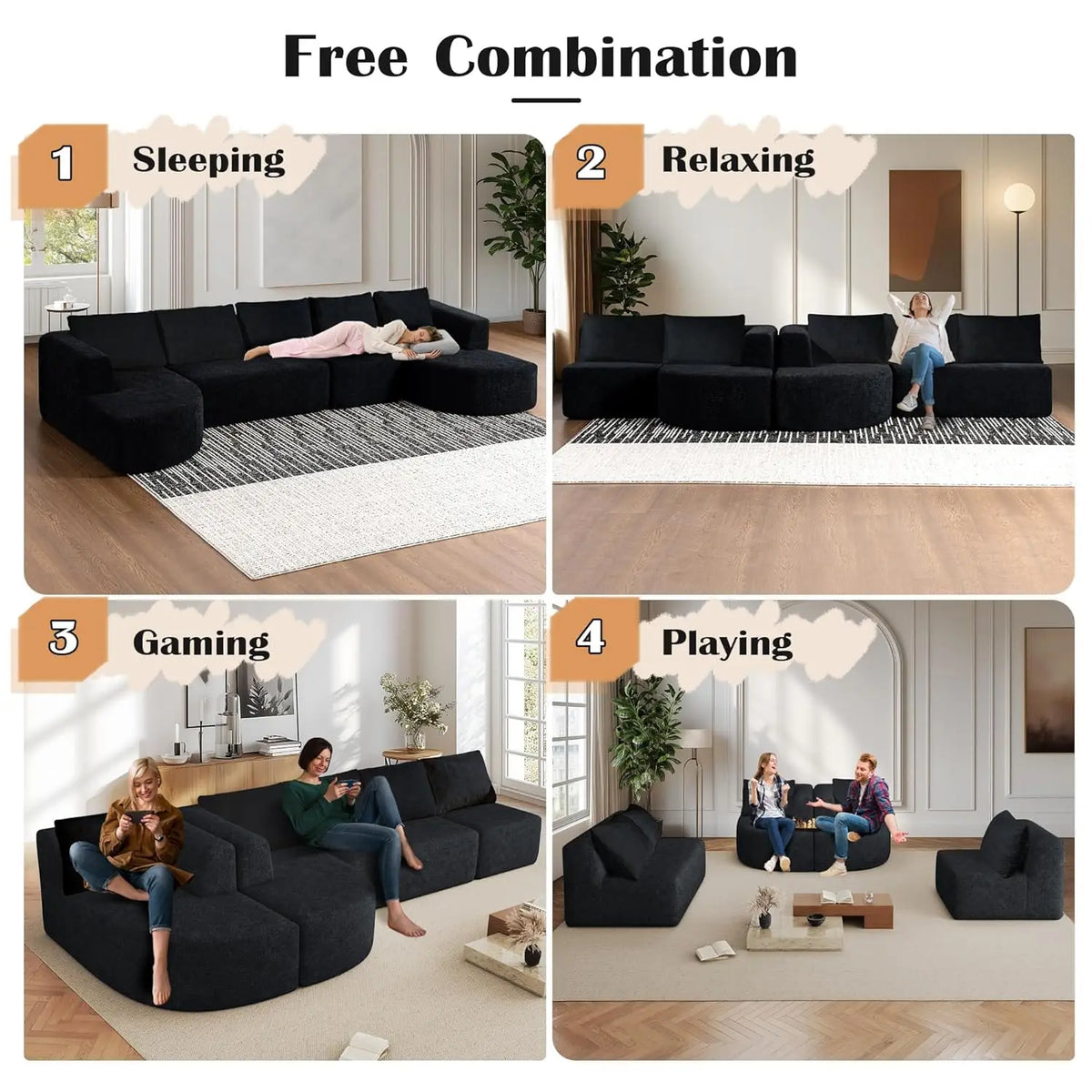 Boneless Couches for Living Room, Comfy U-Shaped Cloud Couch Sectional with Chaise Lounge, Modern Deep Seat Black, Customized