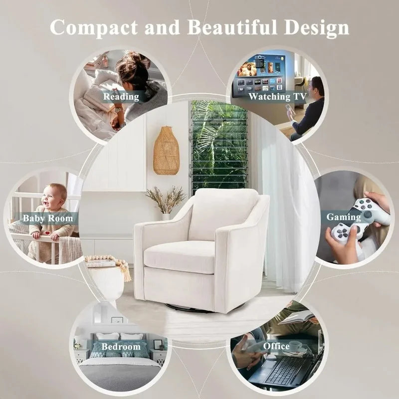 Set of 2 Upholstered Swivel Accent Chairs with Track Arms, Thick Padding, Solid Metal Base, Mid-Century Modern Design