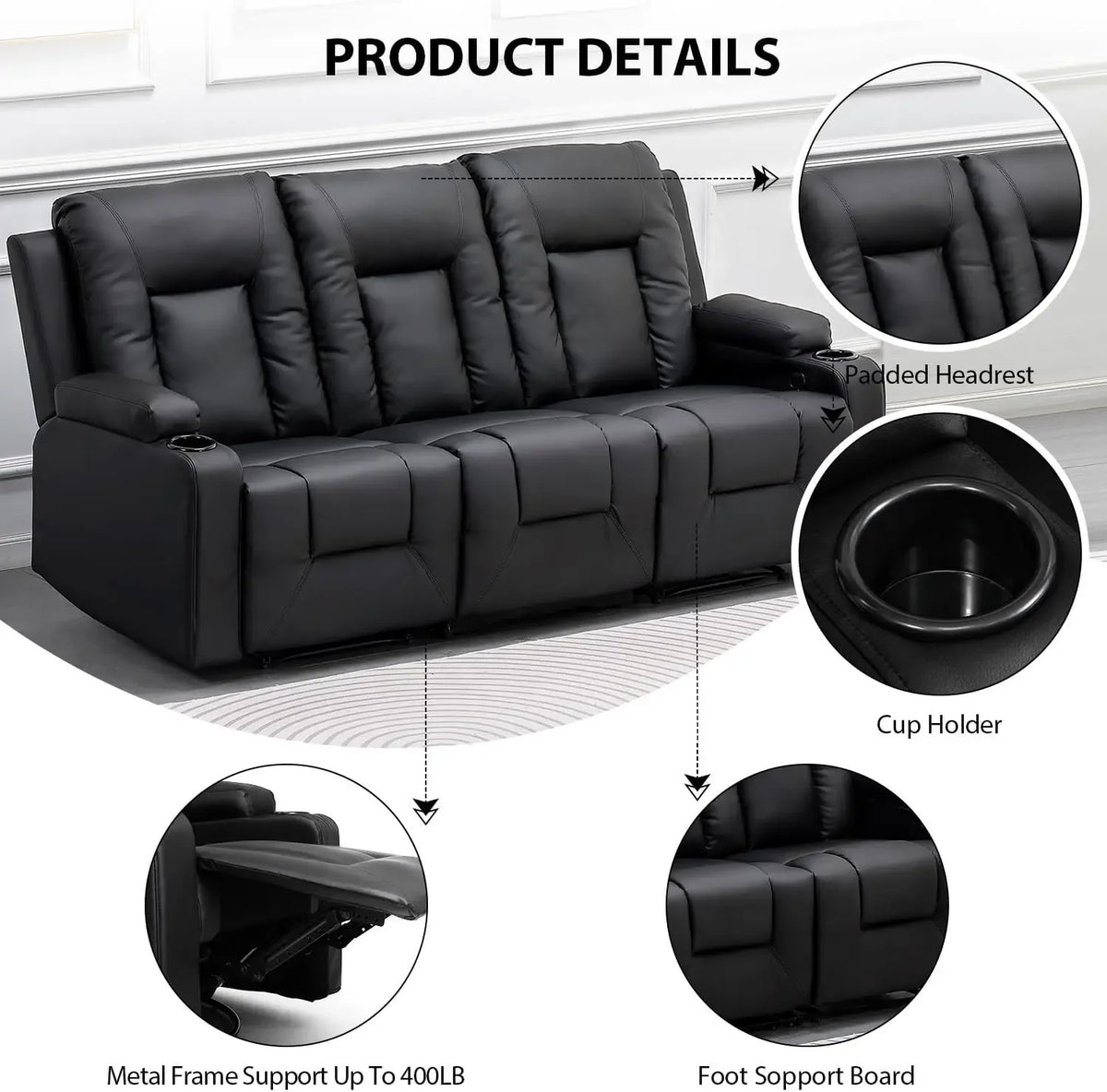 Recliner Chair Set, Leather Recliner Living Room Furniture Sets, Recliner Sofa Loveseat (Black,Living Room Set 3+2+1)