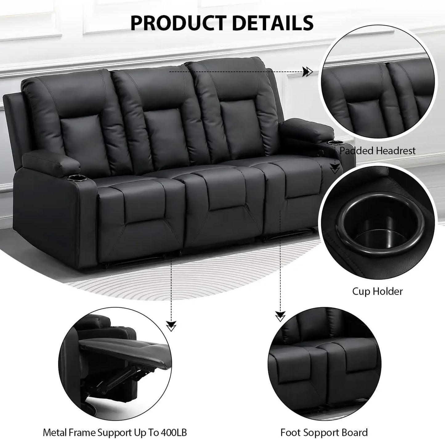 Recliner Chair Set, Leather Recliner Living Room Furniture Sets, Recliner Sofa Loveseat (Black,Living Room Set 3+2+1)