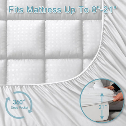 Quilted Cooling Pillow Top Mattress Protector with Breathable Fluffy Soft Cover for Queen Size Mattress