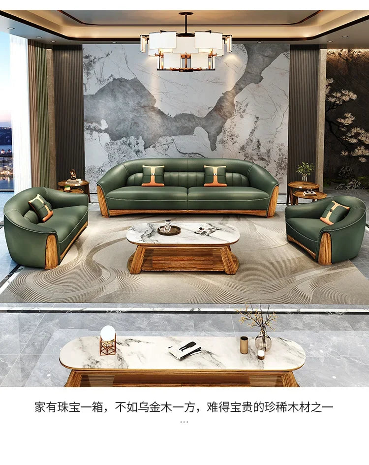 New Chinese Style Ugyen Wood Leather Sofa Large Apartment Combination New Furniture