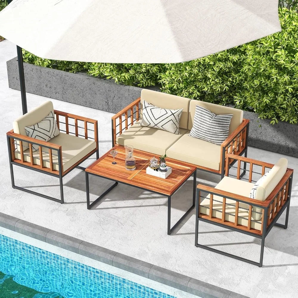 Acacia Wood Outdoor Sofa Set, 4 Pieces Outdoor Furniture Set with Heavy Duty Metal Frame, Soft Seat & Back Cushions, for Balcon