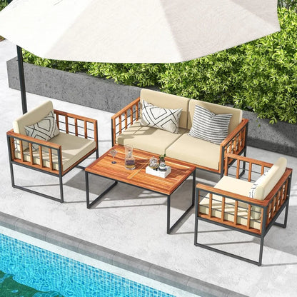 Acacia Wood Outdoor Sofa Set, 4 Pieces Outdoor Furniture Set with Heavy Duty Metal Frame, Soft Seat & Back Cushions, for Balcon