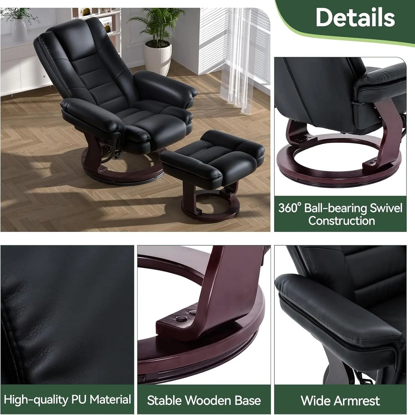 Modern Swivel Recliner Chair with Ottoman, Adjustable PU Leather, Thick Padded Cushion for Living Room, Bedroom