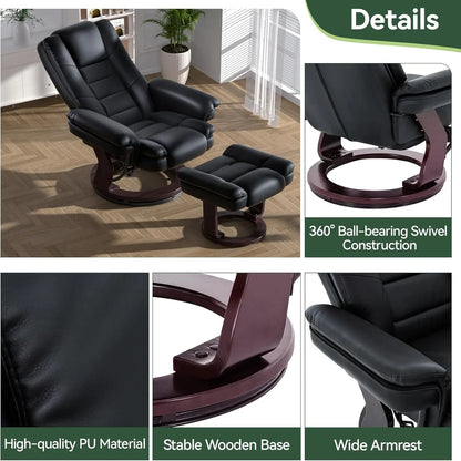 Modern Swivel Recliner Chair with Ottoman, Adjustable PU Leather, Thick Padded Cushion for Living Room, Bedroom
