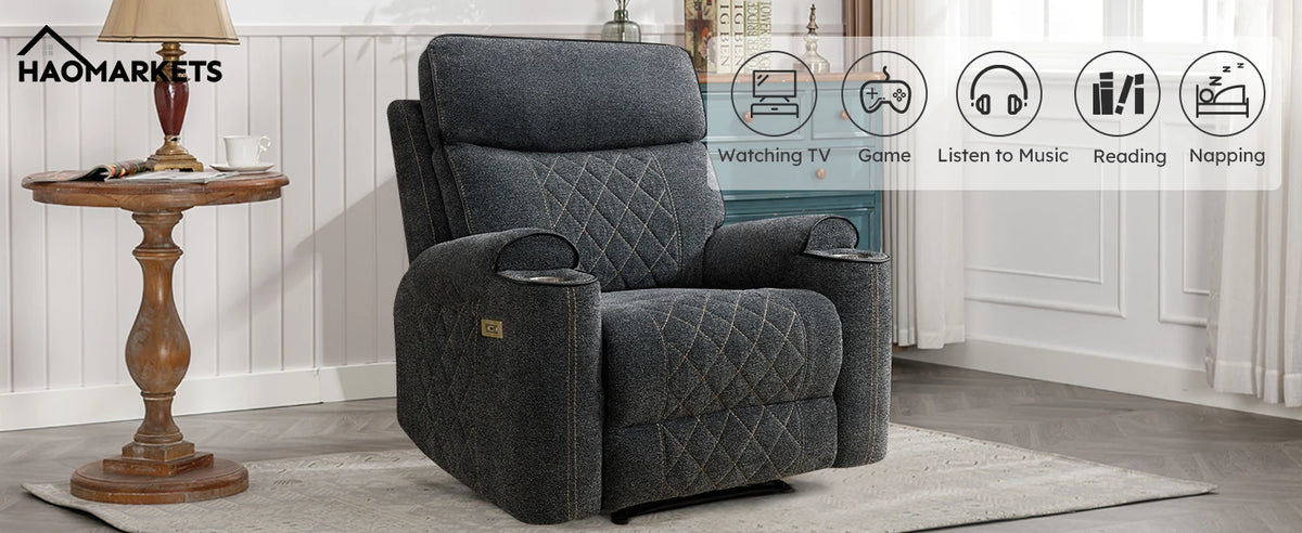 HAOMARKETS Electric Recliner Chair, Soft Fabric Power Recliners with Metal Cup Holders, Single Overstuffed Heavy Duty Reclining