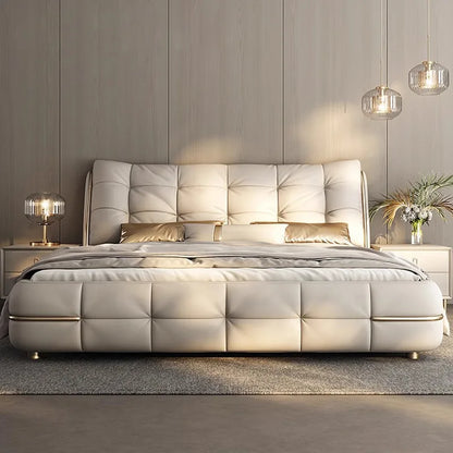 Modern simple light luxury cream style leather bed